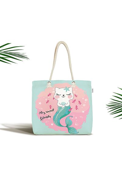 Realhomes My Sweet Friends Mermaid Cat Ειδικά Σχεδιασμένη Υφασμάτινη Τσάντα με φερμουάρ