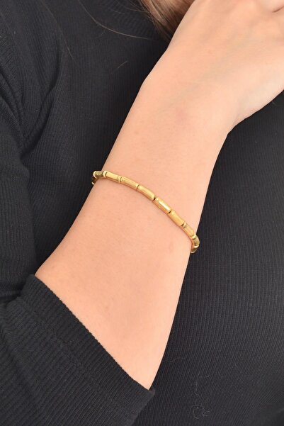 LABALABA Kadın Mat Altın Renk Kaplama Silindir Parçalı Lastikli Bileklik