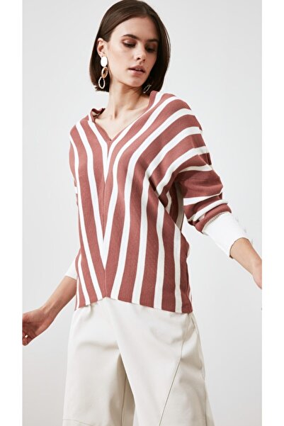 TUĞBALİ Kadın  Çizgili Ön V Sırt V Yaka Kolu Düğme Detay Triko Kazak Gül Kurusu