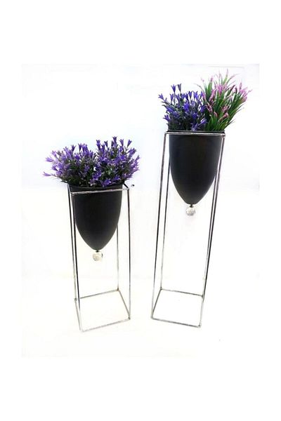 Tasarım Evi Decorative 2-Piece Chrome Covered Flower Pot Flower Pot Large Size Vase Decor