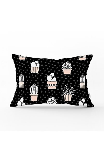Realhomes Siyah Zemin Üzerinde Kaktüs Desenli Dijital Baskılı Modern Dikdörtg...