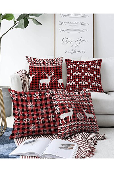 Realhomes Çift Taraflı 4'lü Yılbaşı Özel Tasarım Ekose Zeminli Geyik Ve Kar T...