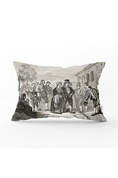 Realhomes غطاء وسادة مستطيل مزخرف بتصميم الملك والملكة على أرضية أبيض وأسود