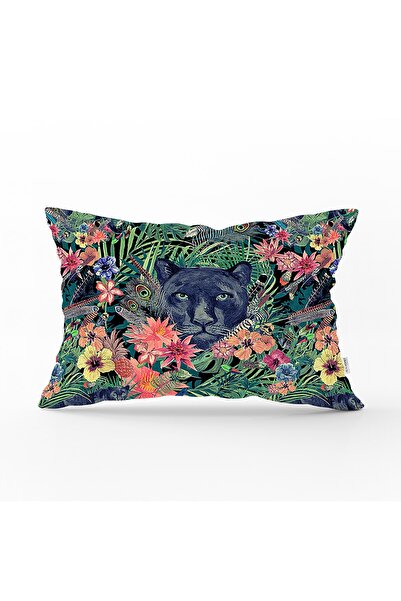 Realhomes Lacivert Zeminli Leopar Özel Tasarım Dekoratif Dikdörtgen Yastık Kı...