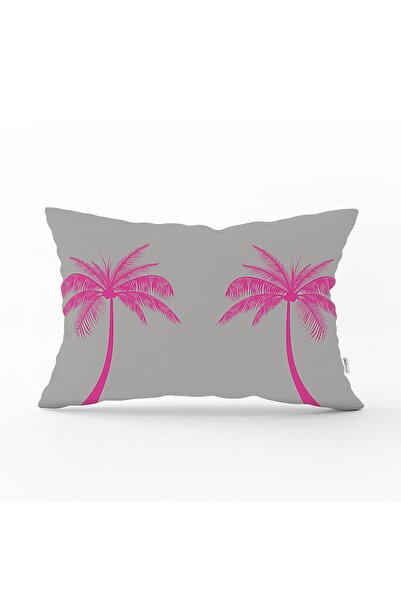 Realhomes غطاء وسادة مستطيل حديث مع تصميم شجرة النخيل الفوشيا على أرضية رمادية