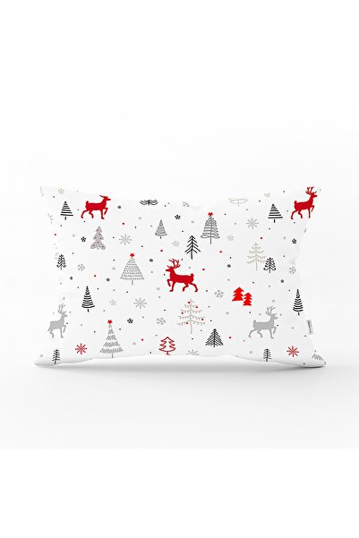 Realhomes غطاء وسادة مستطيل مطبوع رقميًا على شكل غزال وأشجار حمراء لعيد الميلاد