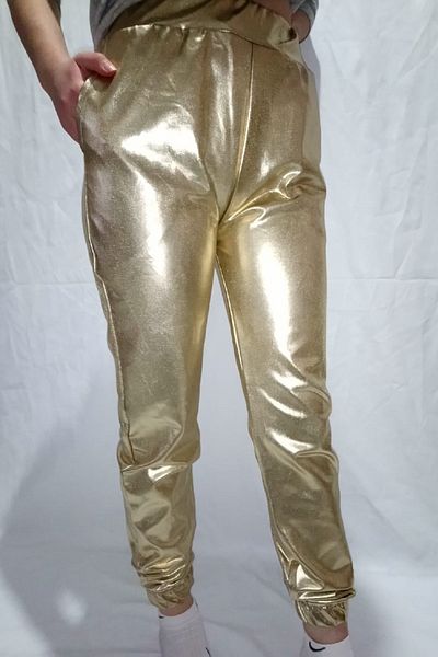 Modoo Tekstil Women's Yellow Faux Leather Jogger Pants with Elastic Waist and Pockets