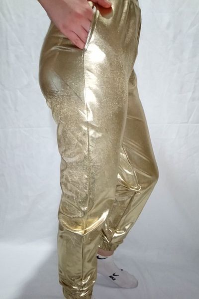 Modoo Tekstil Women's Yellow Faux Leather Jogger Pants with Elastic Waist and Pockets