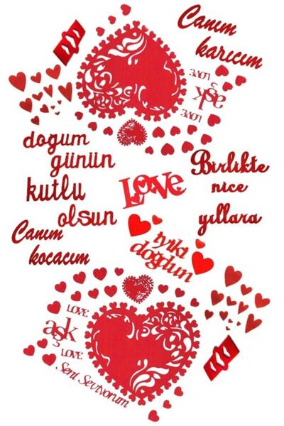 Parti Kırtasiye 50 Parça Romantik Doğum Günü Masa Süslemesi Kırmızı Keçe Seti