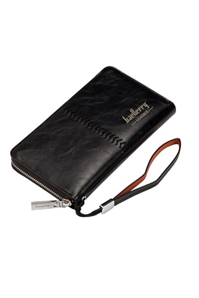 baellerry Men's Black Leather Zippered Patent Leather Long Wallet