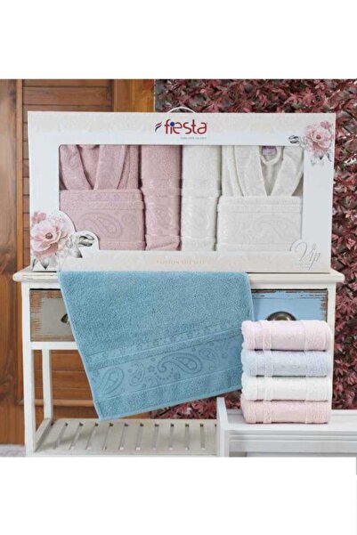 Fiesta Unisex Yetişkin Bornoz Seti Jakarlı 6 Parça