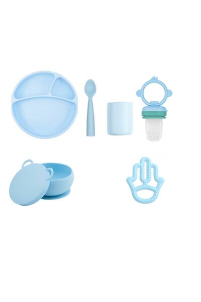 OiOi Silikon Full Set Tabak + Bardak +kaşík+kase+anneli Diş Kaşíyící+püre Mavi