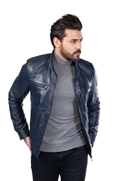 BATU DERİ سترة جلدية أصلية للرجال باللون الأزرق الداكن