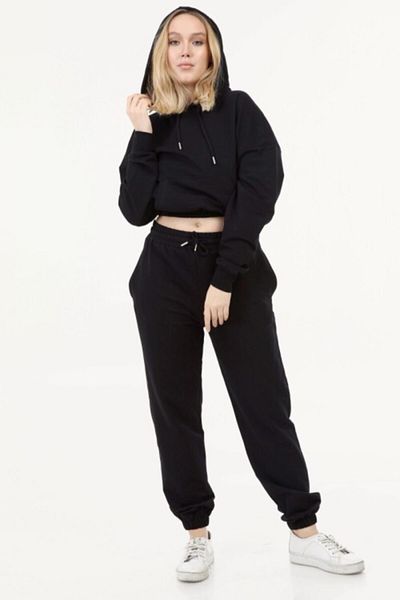 İkmal Crop Model Hooded Μαύρο Σετ