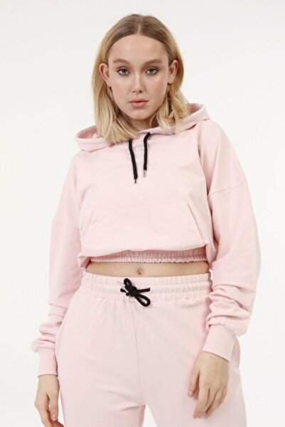 İkmal Kadın  Crop  Model Kapşonlu Pembe Takım