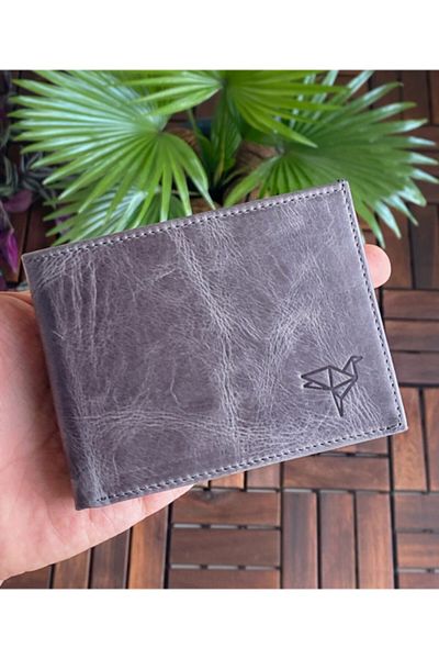 Garbalia Ανδρικό Γκρι Δερμάτινο Πορτοφόλι Crazy Card Holder - Χειροποίητο