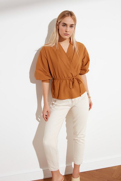 Trendyol Collection Camel Double Breasted Woven Tie Λεπτομερής Μπλούζα TWOSS21BZ0287