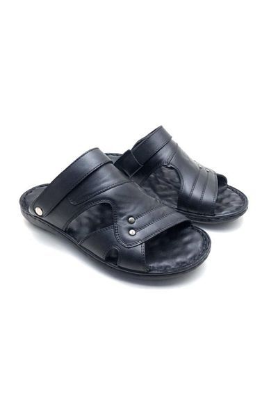 UMUT AYAKKABI Men's Black Leather Orthopedic Massage Slippers