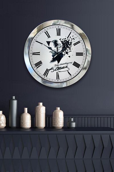 Kasva Concept Gift 36 cm Chrome Metal Ataturk Wall Clock
