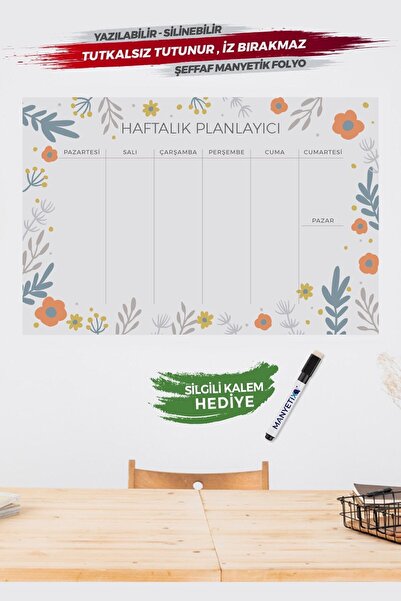 Manyetix Çiçek Temalı Şeffaf Haftalık Planlayıcı Yazı Tahtası -13 60x90 cm
