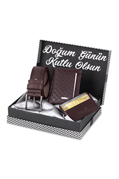 Poloair Doğum Günün Kutlu Olsun Yazılı Damalı Ve Kutulu Erkek Set Kemer Cüzda...