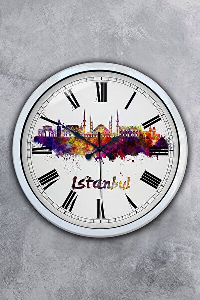 Platin Saat ساعة حائط بموضوع اسطنبول معدنية بيضاء مقاس 40 سم