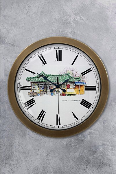 Platin Saat 36 cm Antique Metal Village Grocery Wall Clock