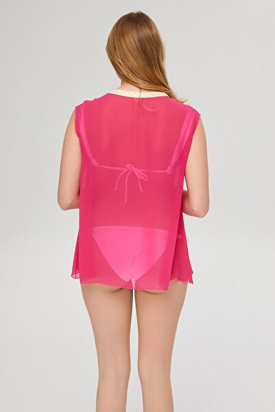 Deafox Fuchsia Collar Detailed Chiffon Pareo