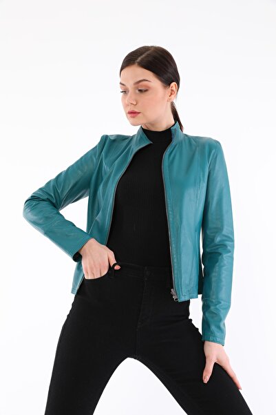 Bared Deri Kadın Turkuaz Çift Taraflı Deri Ceket