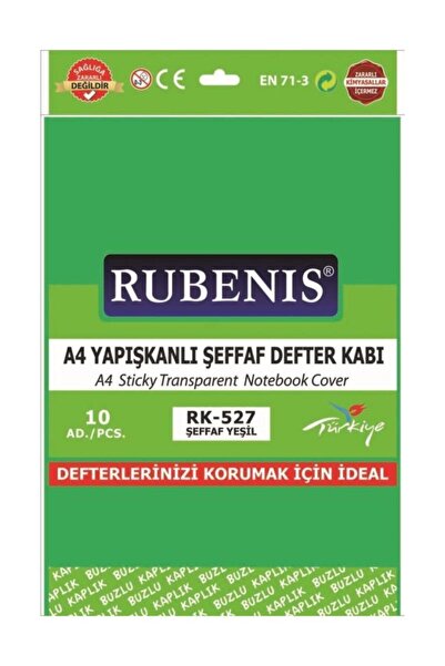 Rubenis A4 Hazır Kaplık Defter Kabı Yapışkanlı 10 Lu Şeffaf Yeşil Rk-527