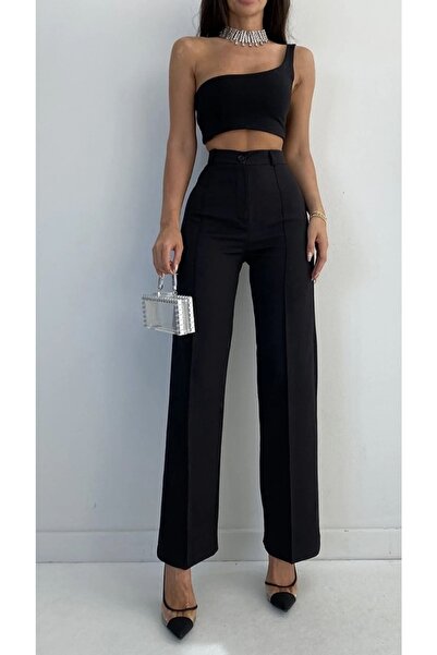 azze giyim & iç giyim Azze Μπροστινή Ραφή Λεπτομερές Φαρδύ Παντελόνι Pnt1002