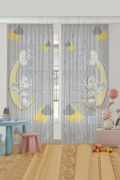 Bebişim Halı Elephant Holding Cute Balloons Children's Room Tulle Curtain