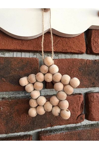 Emtory Home Ornament de copac stea cu cinci colțuri din lemn natural cu mărgele de iută 10 cm