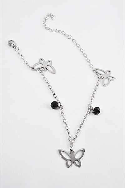 EUROMODA Steel Butterfly and Black Beaded Figured Steel Anklet Foot Accessory