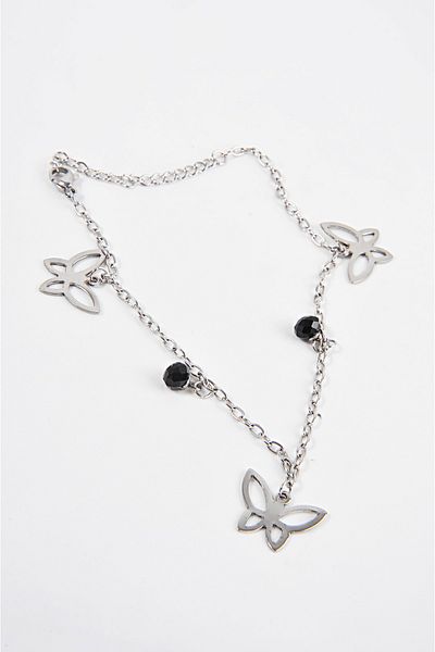 EUROMODA Steel Butterfly and Black Beaded Figured Steel Anklet Foot Accessory