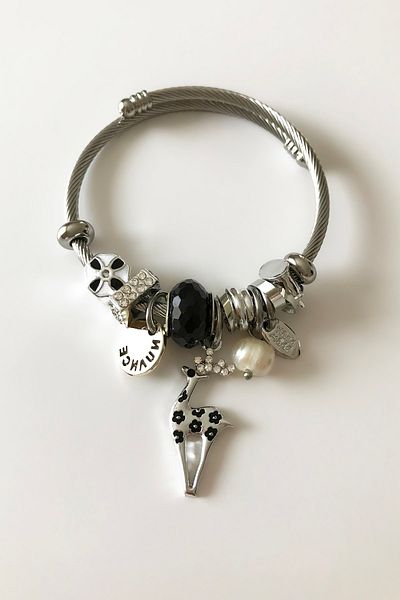 SilverStone Charmed Model Black Lama Flower Shiny Stone Charm Silver Color Women's Steel Bracelet