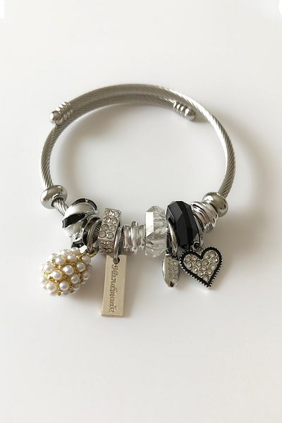 SilverStone Women's Charmed Model Black Heart Shiny Stone Charm Silver Color Steel Bracelet