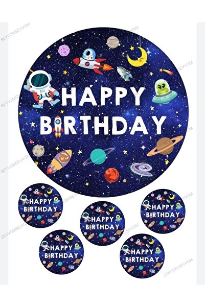 sevvom Yenilebilir Kağıt Uzay Temalı Happy Birthday Yazılı Pasta Kurabiye Üze...