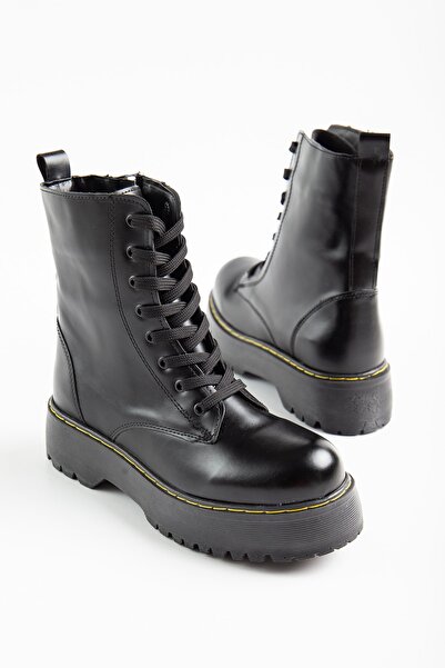 SUENO SHOES Kadın Postal Kalın Taban Bağcıklı Siyah Cilt Bot