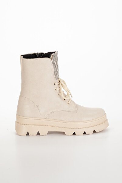 AYMELA Kadın Ten Bej Bileği Taşlı Kalın Platform Tabanlı Bağcıklı Fermuarlı Spor Şık Bot