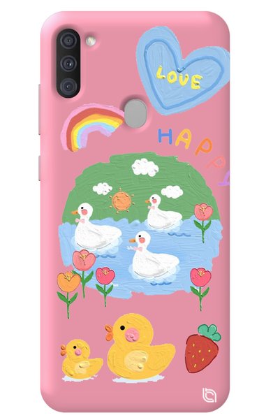 WANNA PROTECT Samsung A11 Pink Premium Velvet Inside Happy Duck Patterned Sil...