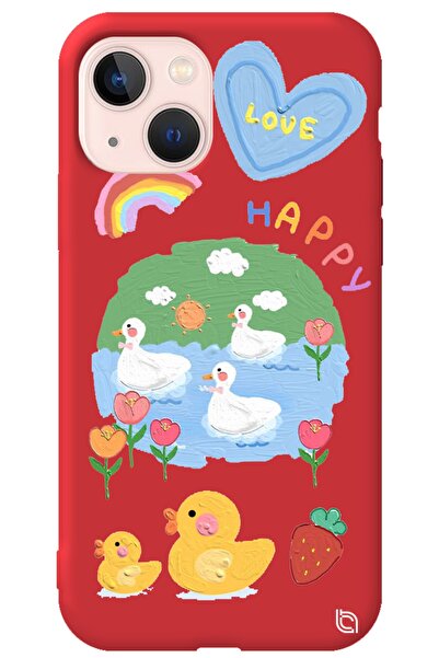 WANNA PROTECT Iphone 13 Kırmızı Premium Içi Kadife Happy Duck Desenli Silikon...