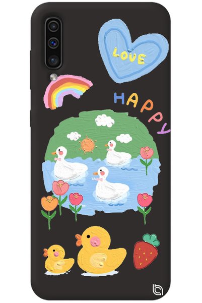 WANNA PROTECT Samsung A50 Black Premium Velvet Inside Happy Duck Patterned Si...