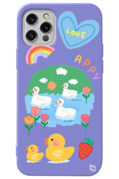 WANNA PROTECT Iphone 13 Pro Lila Premium Içi Kadife Happy Duck Desenli Siliko...