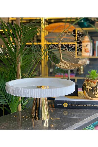 MIARIK DESIGN & DEKORASYON Dekoratıf Beyaz Patlatma Ayaklı Mermer Tabak