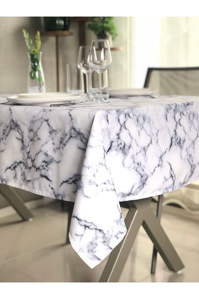 desen izmir Custom Stitched Digital Printed White Marble Tablecloth 130x170 cm