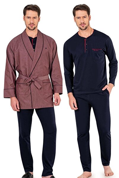 Pierre Cardin Robe and Navy Blue Combed Cotton Long-sleeved Pajamas Groom's D...