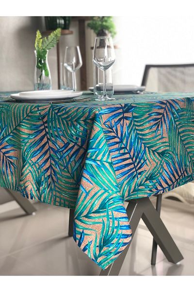desen izmir Special Stitched, Blue Wicker Leaf Tablecloth 130x170 Cm 4-6 Persons