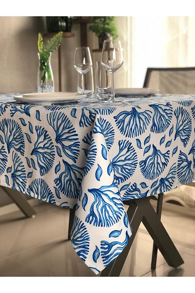 desen izmir Fata de Masa Cusuta Personalizata, Coral Albastru 130x170 Cm 4-6 Pers