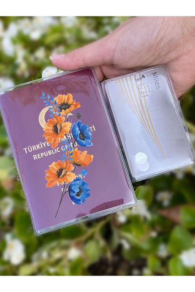Cekuonline Blue Orange Bouquet Patterned Universal Transparent Passport Case Model Suitable for All Country Passports